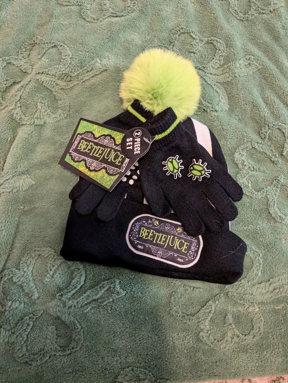 Kids Black Knit Pom Hat with Lime Green Pom and Matching Gloves